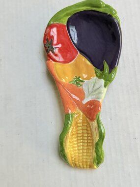 Vintage Handpainted Veggie Ceramic Tomato Corn Spoon Rest Decor Kitsch Signed
